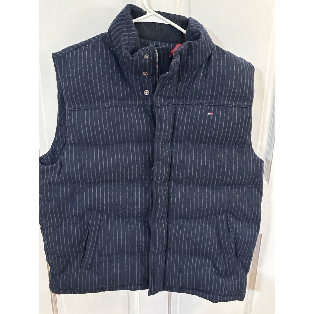 Tommy Hilfiger Men's X-Large Navy Striped Wool Blend Puffer Vest Zip Front